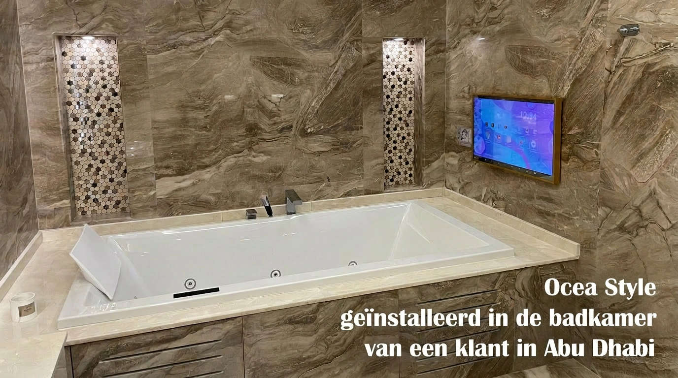 Sophisticated shower room with white bathtub and gold-framed bathroom Ocea Style TV.