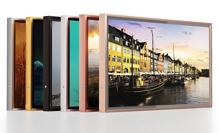 Six different colors of framed bathroom TVs with white backgrounds.