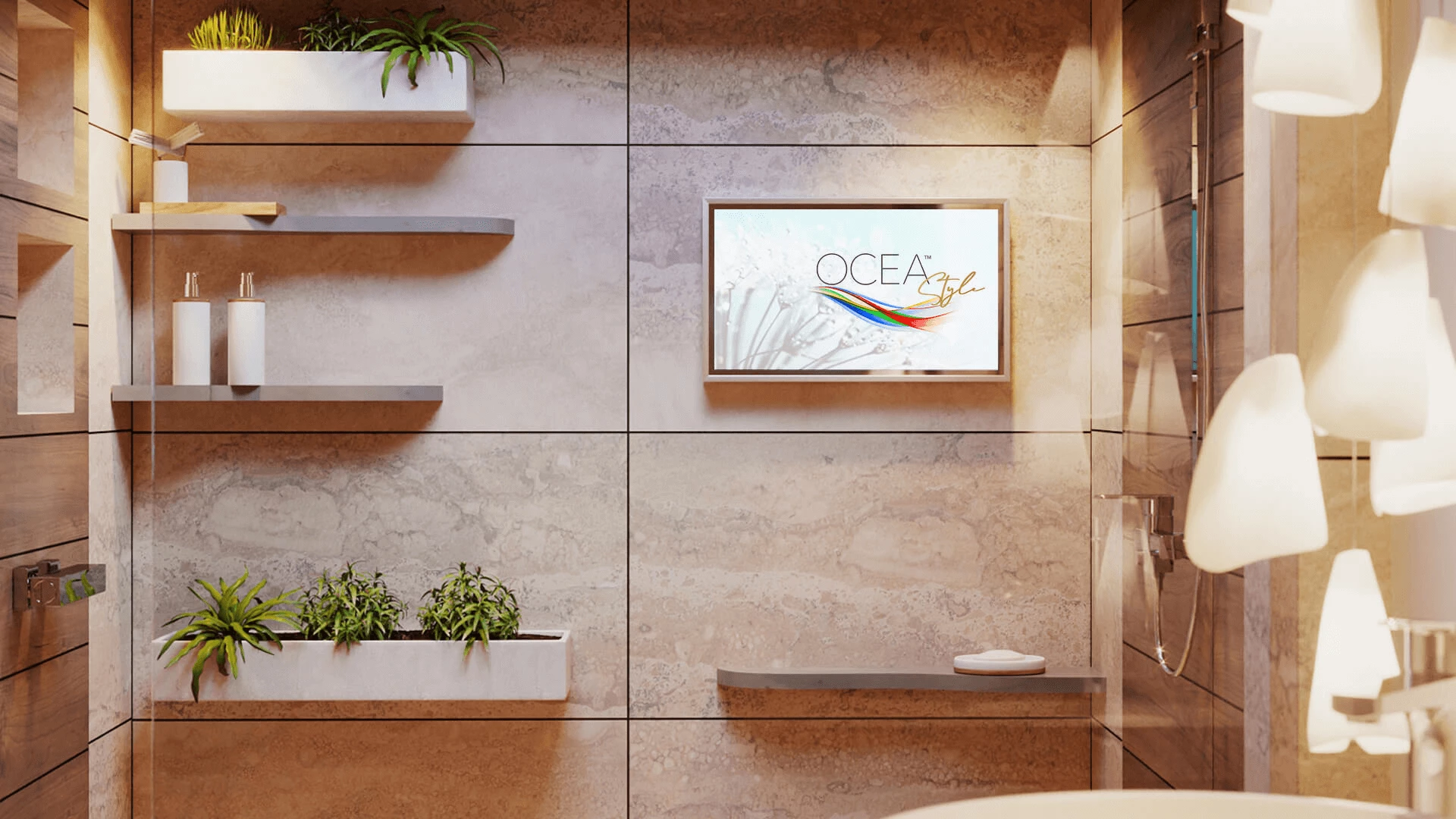 Ocea Style on a ceramic and porcelain tiled wall in a shower room with floating plant shelves.