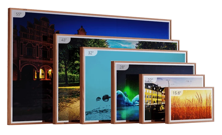 Bathroom Ocea Style TV in different sizes with a wooden frame on a white background.